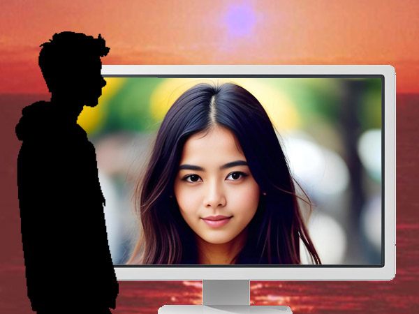 collage of a computer screen showing the face of a young Asian woman, and a young man in silhouette