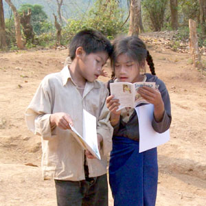 Children at a rural book party in Laos