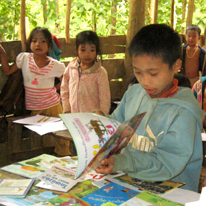 Children at a rural book party in Laos